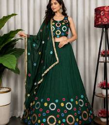 Dark Green Embroidery and sequins and Aari mirror Silk Blend Lahenga Choli Set