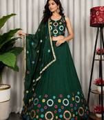 Dark Green Embroidery and sequins and Aari mirror Silk Blend Lahenga Choli Set