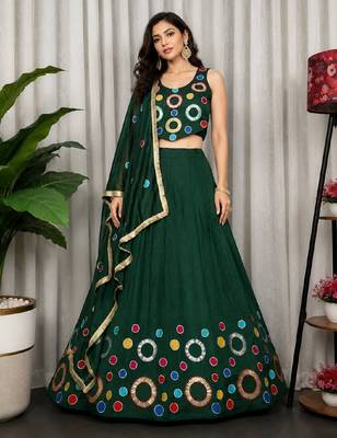Dark Green Embroidery and sequins and Aari mirror Silk Blend Lahenga Choli Set 4