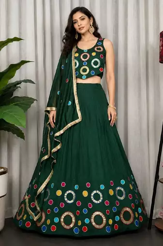 Dark Green Embroidery and sequins and Aari mirror Silk Blend Lahenga Choli Set