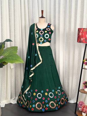 Dark Green Embroidery and sequins and Aari mirror Silk Blend Lahenga Choli Set 5