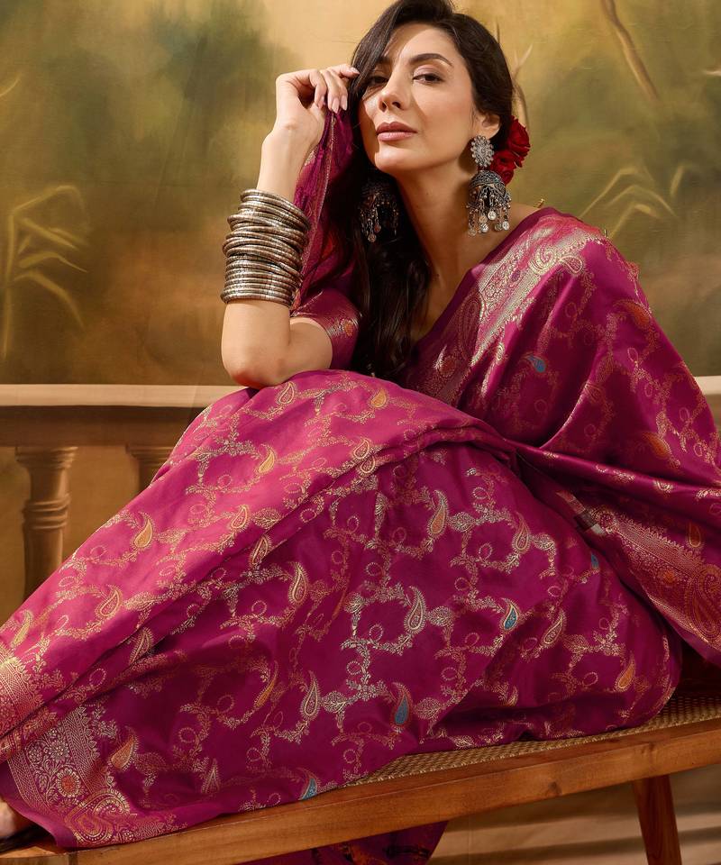 royal magenta banarasi jacquard saree with zari weaving, mina & lace work