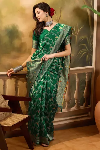 graceful green banarasi jacquard saree with zari weaving, mina & lace work