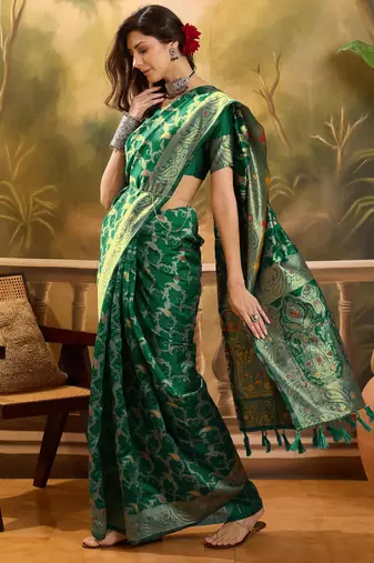 graceful green banarasi jacquard saree with zari weaving, mina & lace work