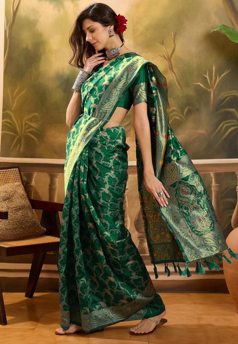 graceful green banarasi jacquard saree with zari weaving, mina & lace work