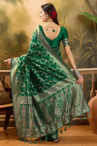 graceful green banarasi jacquard saree with zari weaving, mina & lace work