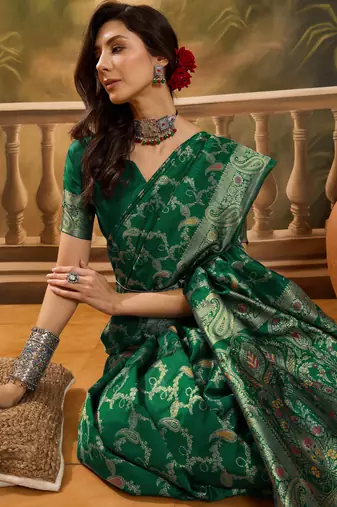 graceful green banarasi jacquard saree with zari weaving, mina & lace work