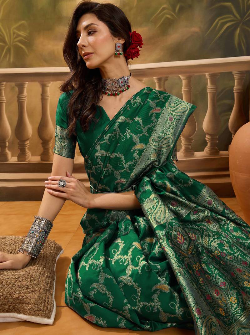 graceful green banarasi jacquard saree with zari weaving, mina & lace work