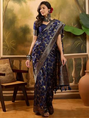 elegant navy blue banarasi jacquard saree with zari weaving, mina & lace work 1