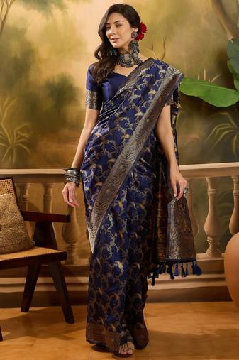 elegant navy blue banarasi jacquard saree with zari weaving, mina & lace work