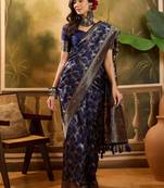 elegant navy blue banarasi jacquard saree with zari weaving, mina & lace work