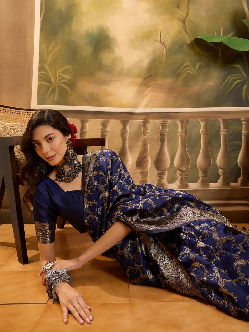 elegant navy blue banarasi jacquard saree with zari weaving, mina & lace work