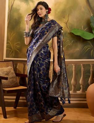 elegant navy blue banarasi jacquard saree with zari weaving, mina & lace work 3