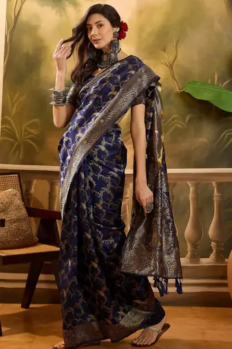 elegant navy blue banarasi jacquard saree with zari weaving, mina & lace work