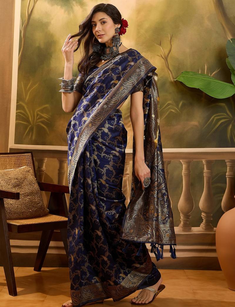 elegant navy blue banarasi jacquard saree with zari weaving, mina & lace work