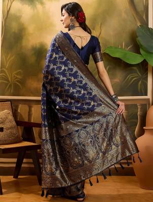 elegant navy blue banarasi jacquard saree with zari weaving, mina & lace work 4