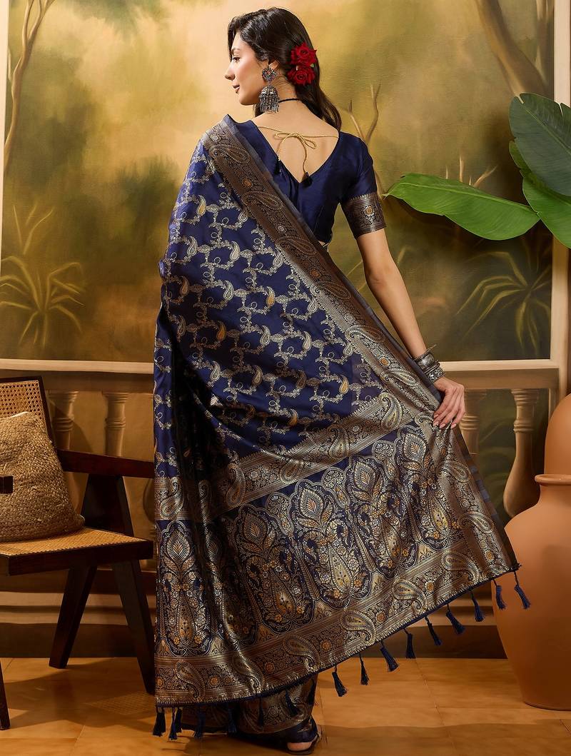 elegant navy blue banarasi jacquard saree with zari weaving, mina & lace work
