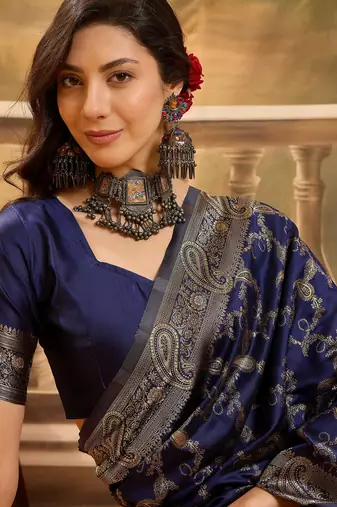 elegant navy blue banarasi jacquard saree with zari weaving, mina & lace work