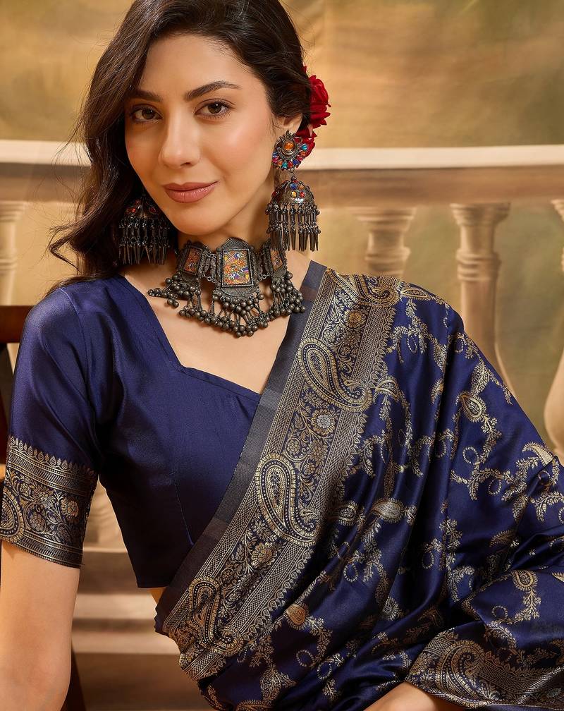 elegant navy blue banarasi jacquard saree with zari weaving, mina & lace work