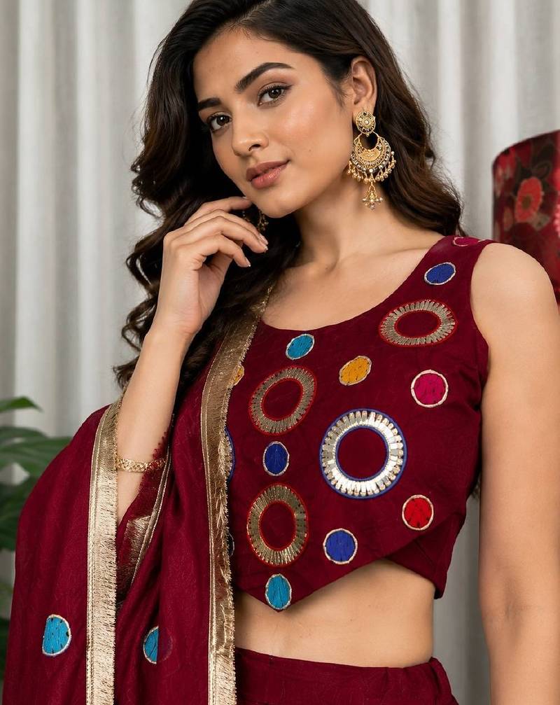 Maroon Embroidery and sequins and Aari mirror Silk Blend Lahenga Choli Set