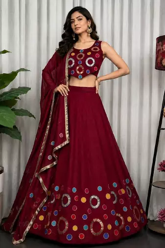 Maroon Embroidery and sequins and Aari mirror Silk Blend Lahenga Choli Set