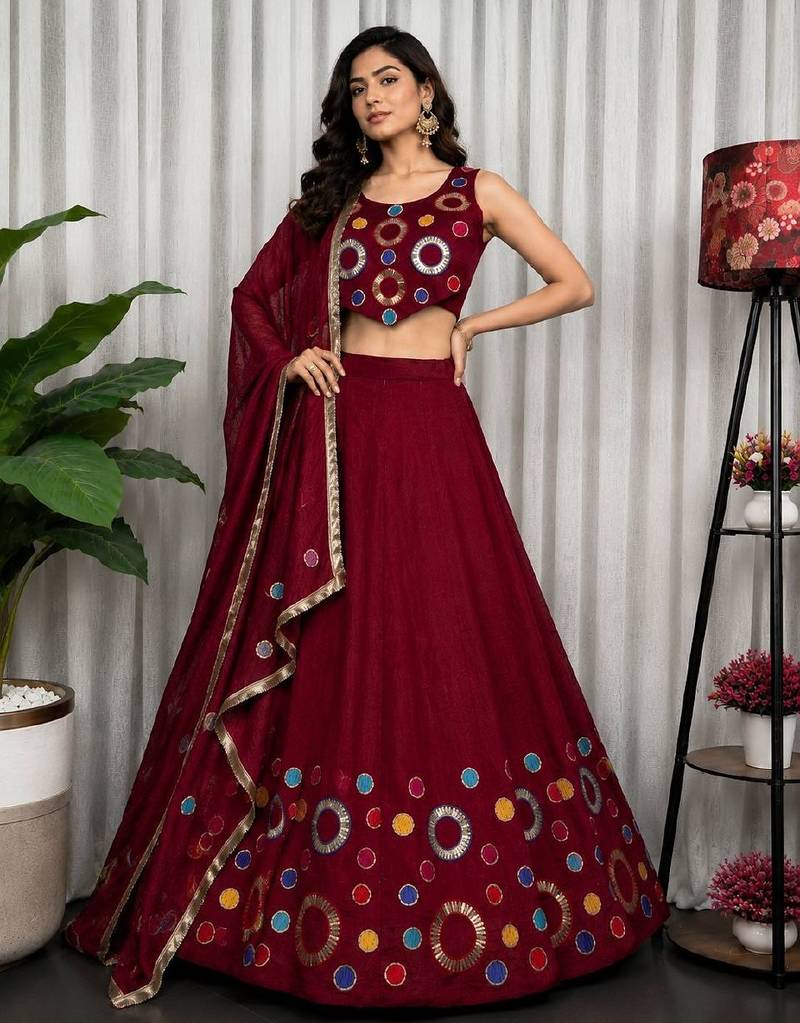 Maroon Embroidery and sequins and Aari mirror Silk Blend Lahenga Choli Set