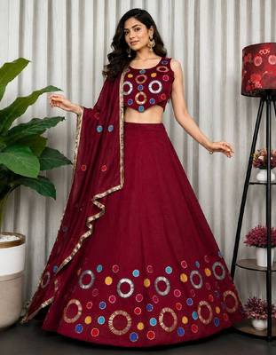 Maroon Embroidery and sequins and Aari mirror Silk Blend Lahenga Choli Set 1