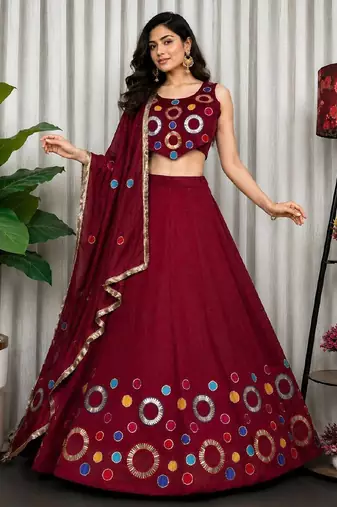Maroon Embroidery and sequins and Aari mirror Silk Blend Lahenga Choli Set