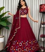 Maroon Embroidery and sequins and Aari mirror Silk Blend Lahenga Choli Set