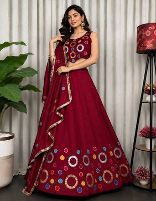 Maroon Embroidery and sequins and Aari mirror Silk Blend Lahenga Choli Set 4