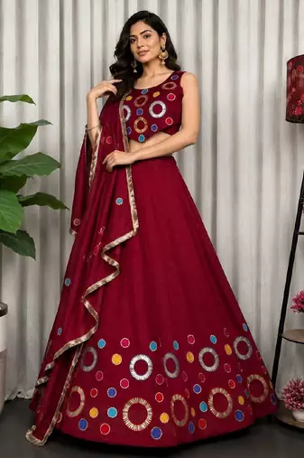 Maroon Embroidery and sequins and Aari mirror Silk Blend Lahenga Choli Set