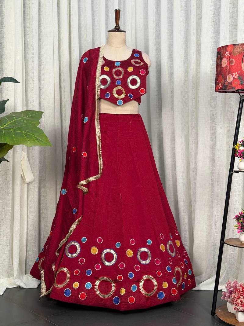 Maroon Embroidery and sequins and Aari mirror Silk Blend Lahenga Choli Set