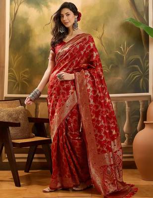 red banarasi jacquard saree with intricate zari weaving, mina & lace work on pallu 1