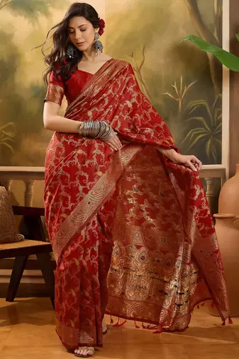 red banarasi jacquard saree with intricate zari weaving, mina & lace work on pallu