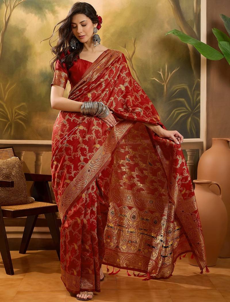 red banarasi jacquard saree with intricate zari weaving, mina & lace work on pallu