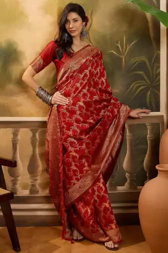 red banarasi jacquard saree with intricate zari weaving, mina & lace work on pallu
