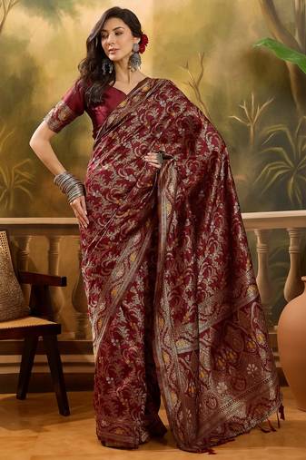 maroon banarasi jacquard saree with rich zari weaving, mina & lace work on pallu