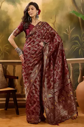 maroon banarasi jacquard saree with rich zari weaving, mina & lace work on pallu