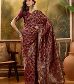 maroon banarasi jacquard saree with rich zari weaving, mina & lace work on pallu