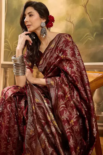 maroon banarasi jacquard saree with rich zari weaving, mina & lace work on pallu