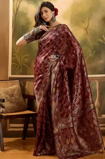 maroon banarasi jacquard saree with rich zari weaving, mina & lace work on pallu