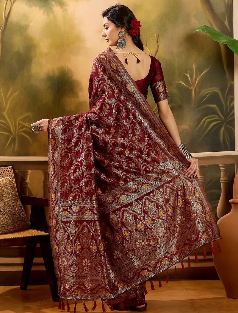 maroon banarasi jacquard saree with rich zari weaving, mina & lace work on pallu