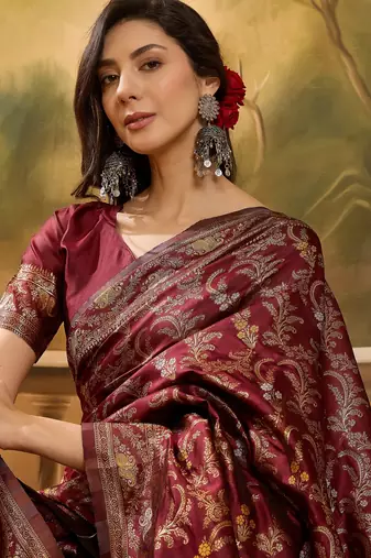maroon banarasi jacquard saree with rich zari weaving, mina & lace work on pallu