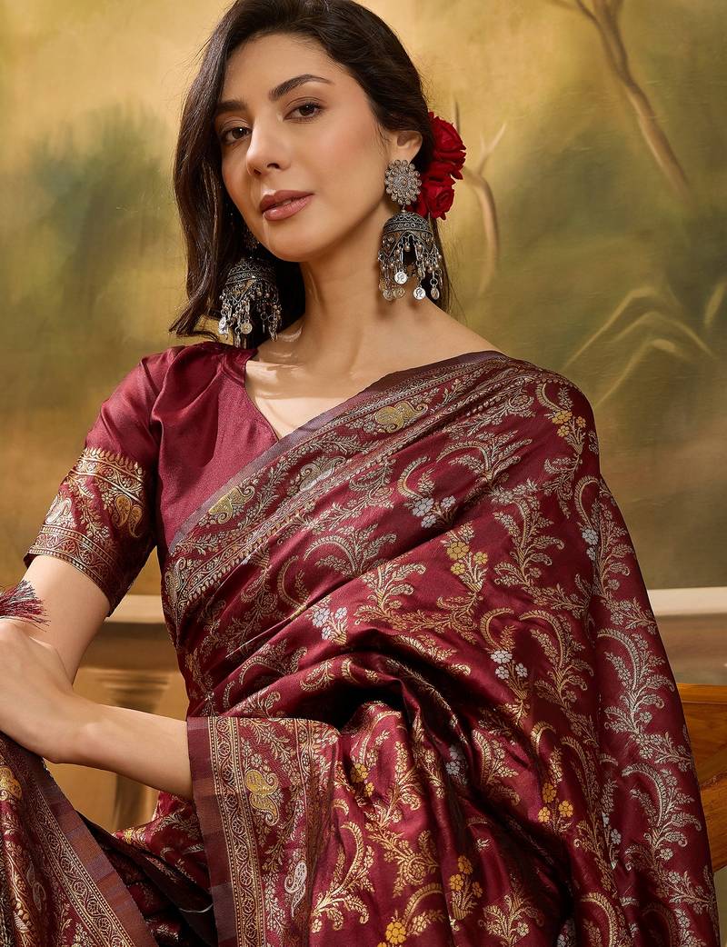 maroon banarasi jacquard saree with rich zari weaving, mina & lace work on pallu