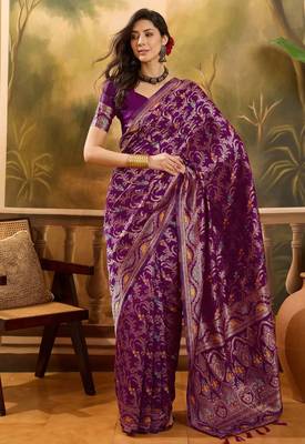 purple banarasi jacquard saree with rich zari weaving & tassel pallu     unstitched blouse included 1