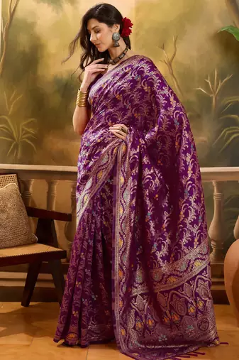 purple banarasi jacquard saree with rich zari weaving & tassel pallu     unstitched blouse included