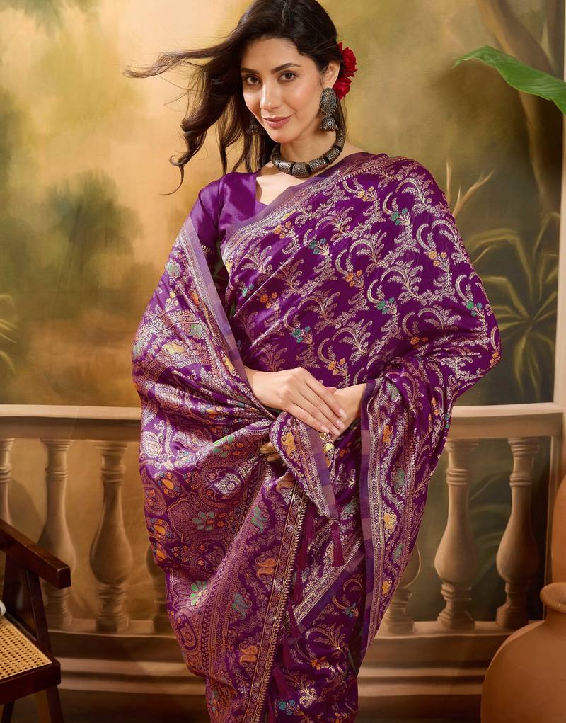 purple banarasi jacquard saree with rich zari weaving & tassel pallu     unstitched blouse included