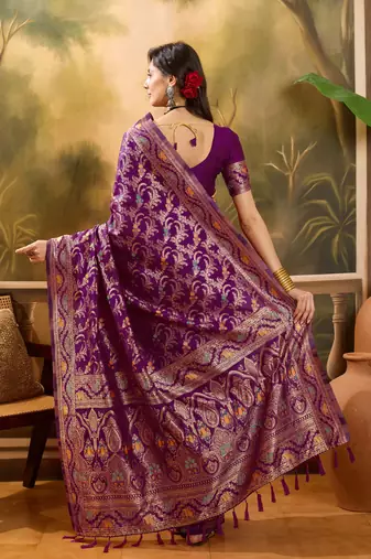 purple banarasi jacquard saree with rich zari weaving & tassel pallu     unstitched blouse included