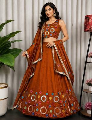 Orange Embroidery and sequins and Aari mirror Silk Blend Lahenga Choli Set 1