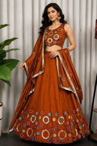 Orange Color Embroidery malti Thred work and sequins work and Aari mirror work Silk Blend Lahenga Choli Set
